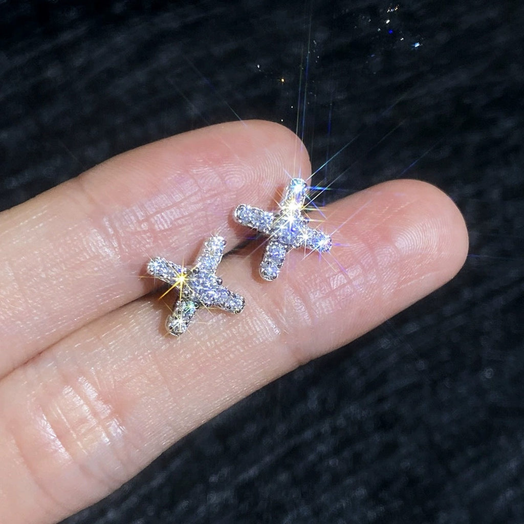 Cross Moissanite Stud Earrings with CZ in White Gold-Plated S925 Sterling Silver close-up product detail view