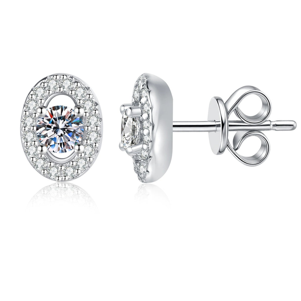 Oval Halo Moissanite Stud Earrings with CZ in White Gold-Plated S925 Sterling Silver on clean white background showing an oval halo stud with a round moissanite center