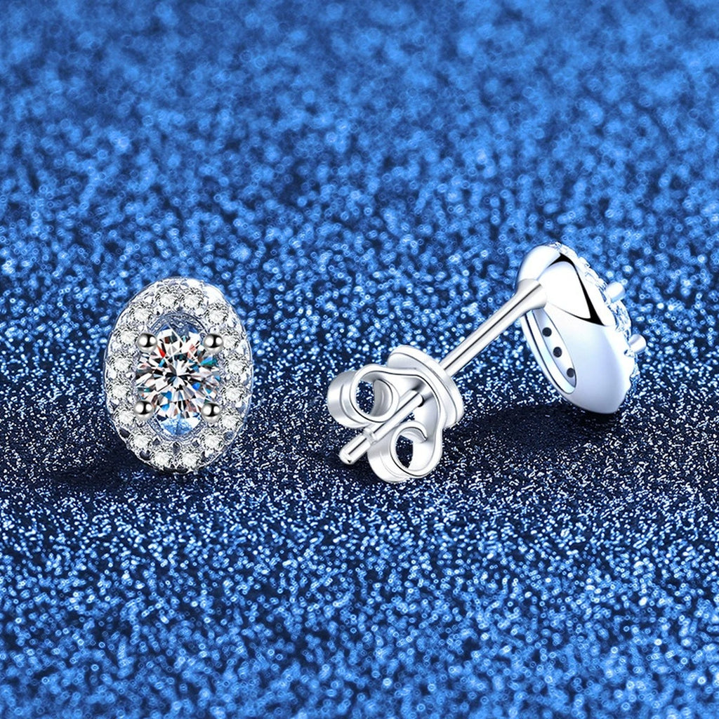 Oval Halo Moissanite Stud Earrings with CZ in White Gold-Plated S925 Sterling Silver blue scene product view