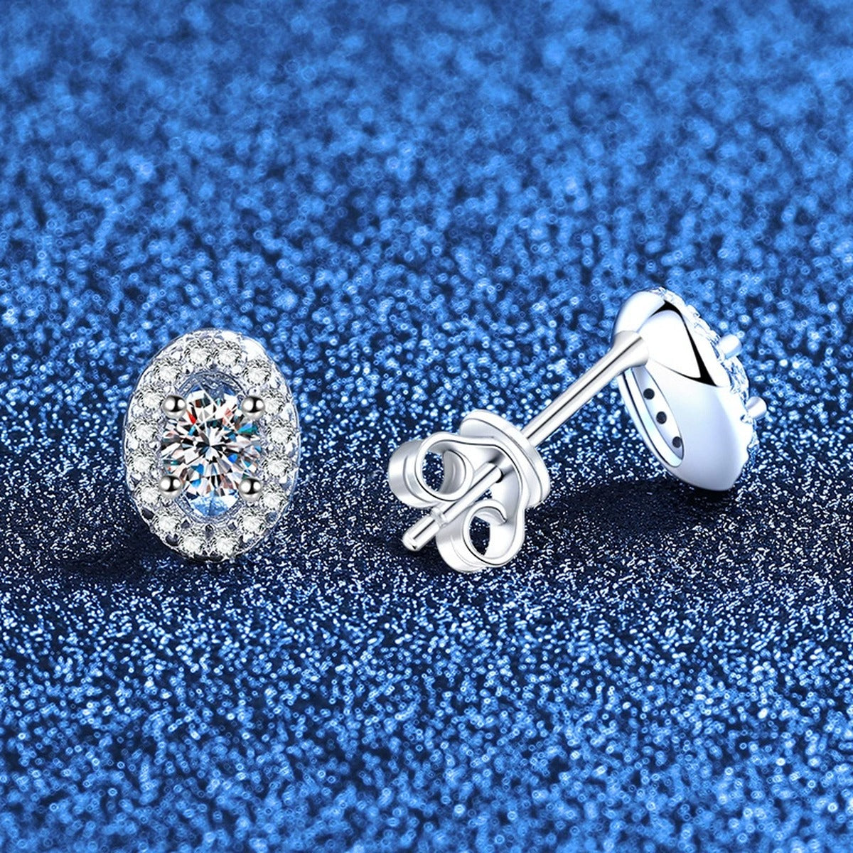 Oval Halo Moissanite Stud Earrings with CZ in White Gold-Plated S925 Sterling Silver blue scene product view