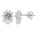 Pearl Floral Moissanite Stud Earrings with CZ in White Gold-Plated S925 Sterling Silver on clean white background showing a floral cluster stud with pearl-like beads around a round moissanite center