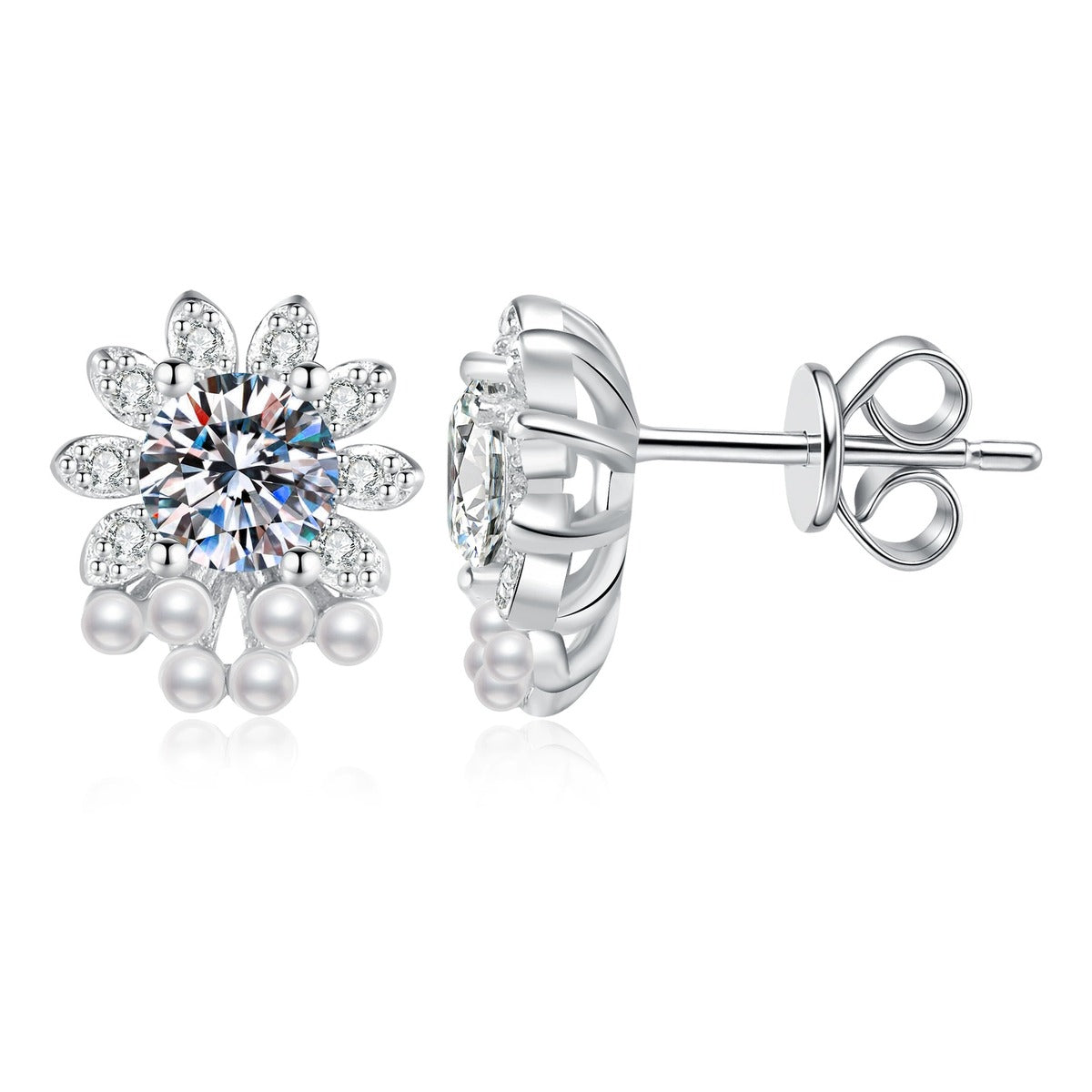 Pearl Floral Moissanite Stud Earrings with CZ in White Gold-Plated S925 Sterling Silver on clean white background showing a floral cluster stud with pearl-like beads around a round moissanite center