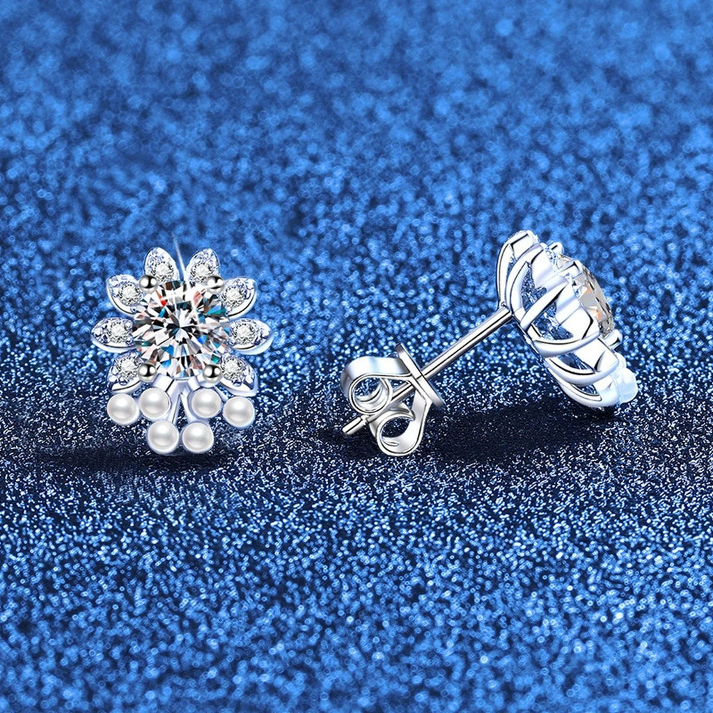 Pearl Floral Moissanite Stud Earrings with CZ in White Gold-Plated S925 Sterling Silver blue scene product view
