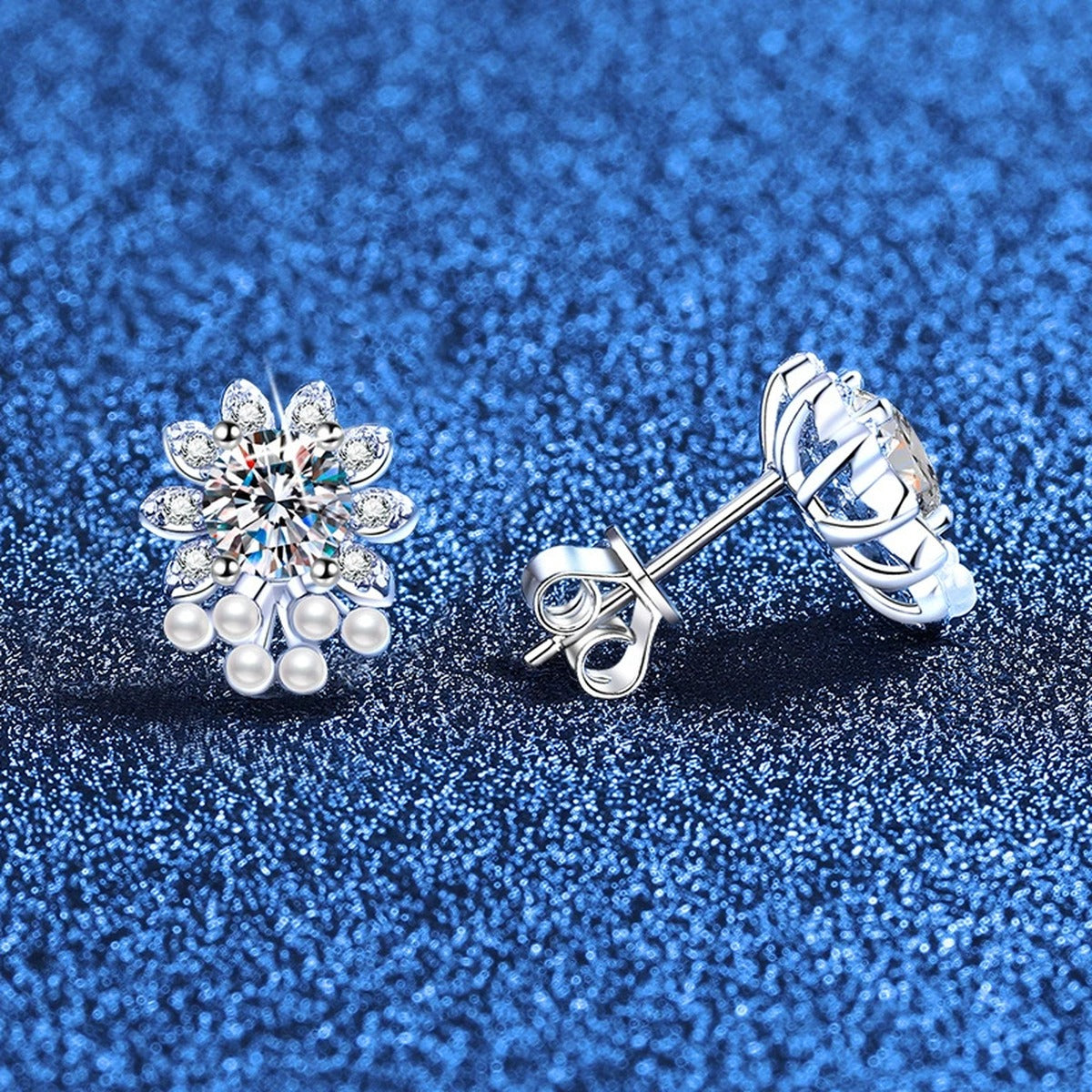 Pearl Floral Moissanite Stud Earrings with CZ in White Gold-Plated S925 Sterling Silver blue scene product view