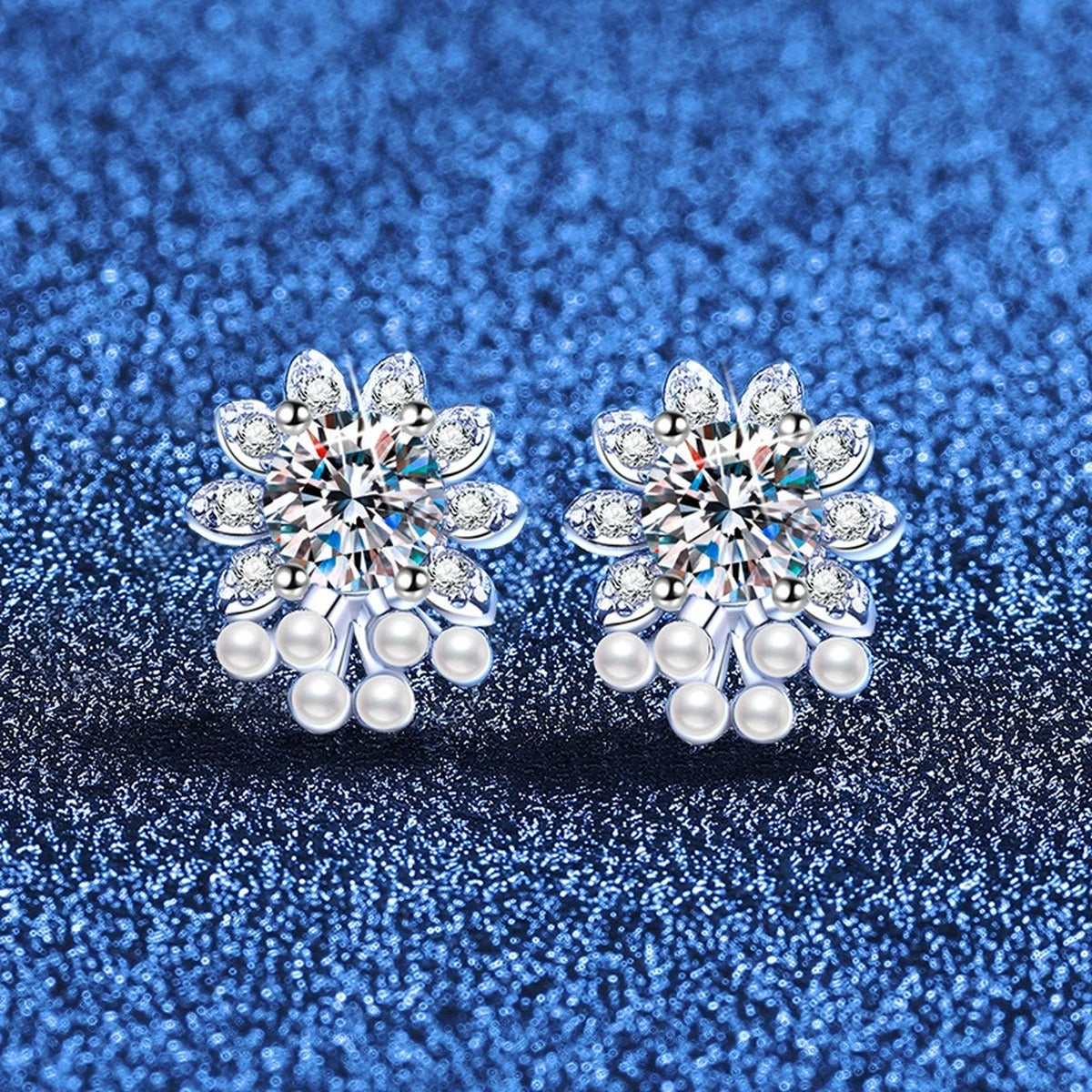 Pearl Floral Moissanite Stud Earrings with CZ in White Gold-Plated S925 Sterling Silver blue scene angled view