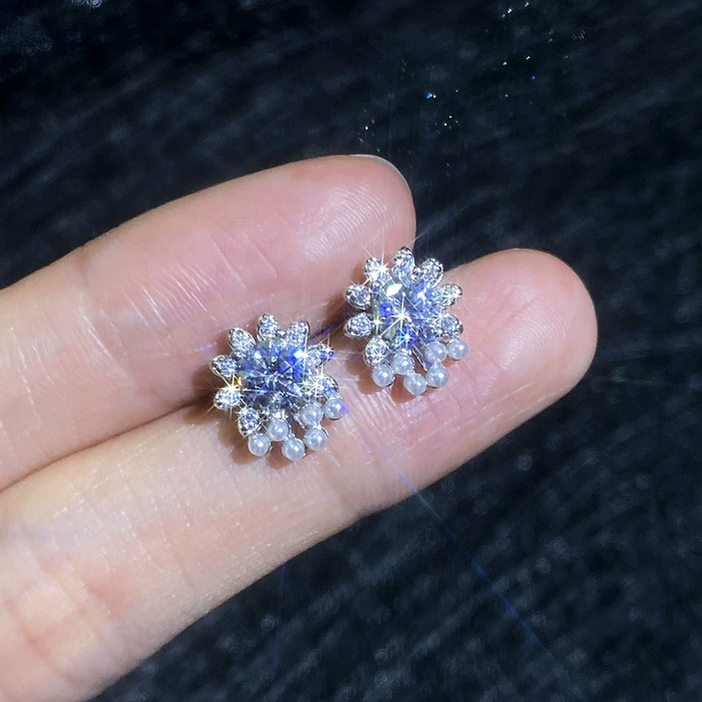 Pearl Floral Moissanite Stud Earrings with CZ in White Gold-Plated S925 Sterling Silver close-up product detail view