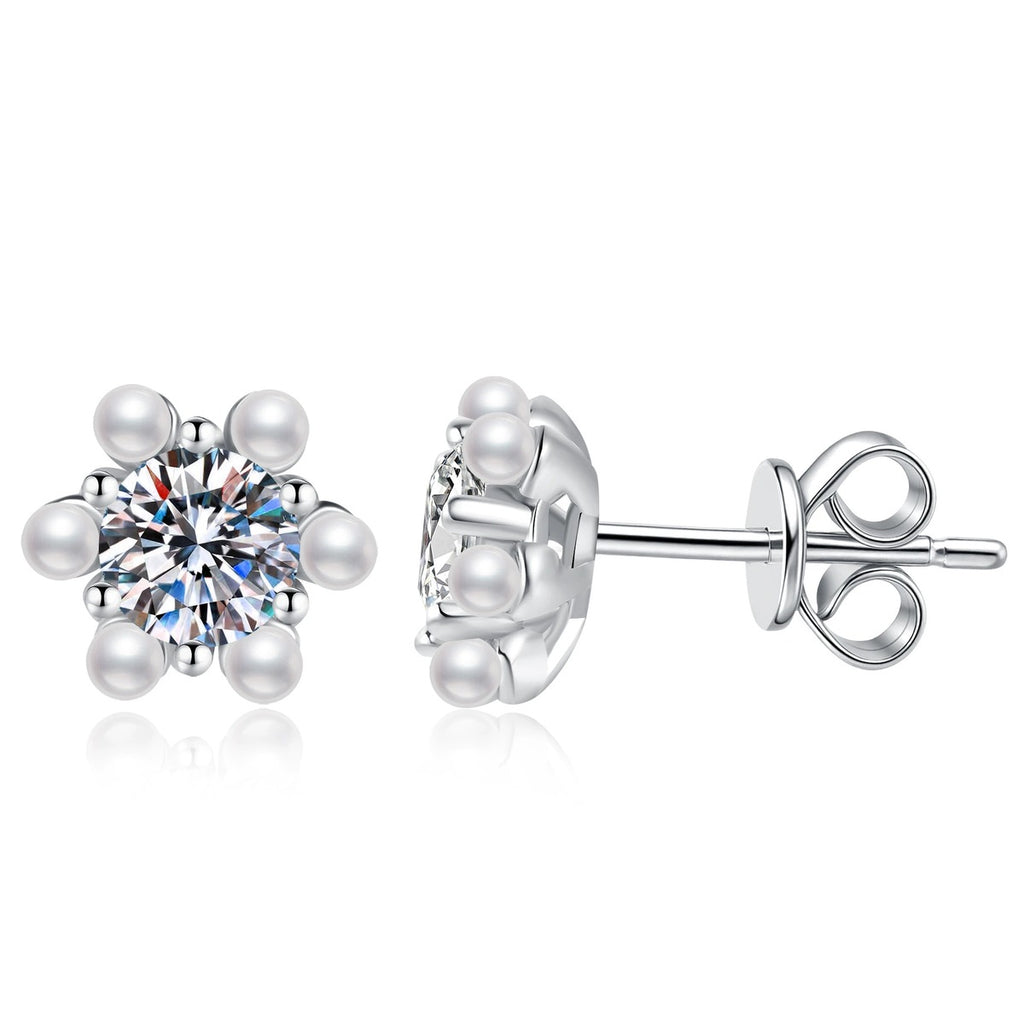 Pearl Flower Moissanite Stud Earrings with CZ in White Gold-Plated S925 Sterling Silver on clean white background showing a small flower stud with pearl accents and a round moissanite center