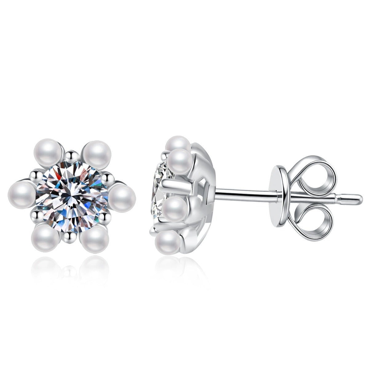 Pearl Flower Moissanite Stud Earrings with CZ in White Gold-Plated S925 Sterling Silver on clean white background showing a small flower stud with pearl accents and a round moissanite center
