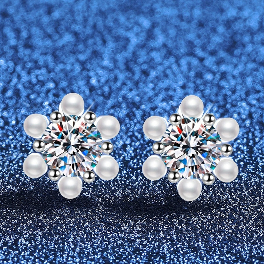Pearl Flower Moissanite Stud Earrings with CZ in White Gold-Plated S925 Sterling Silver blue scene product view