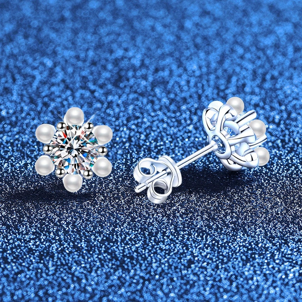 Pearl Flower Moissanite Stud Earrings with CZ in White Gold-Plated S925 Sterling Silver blue scene angled view