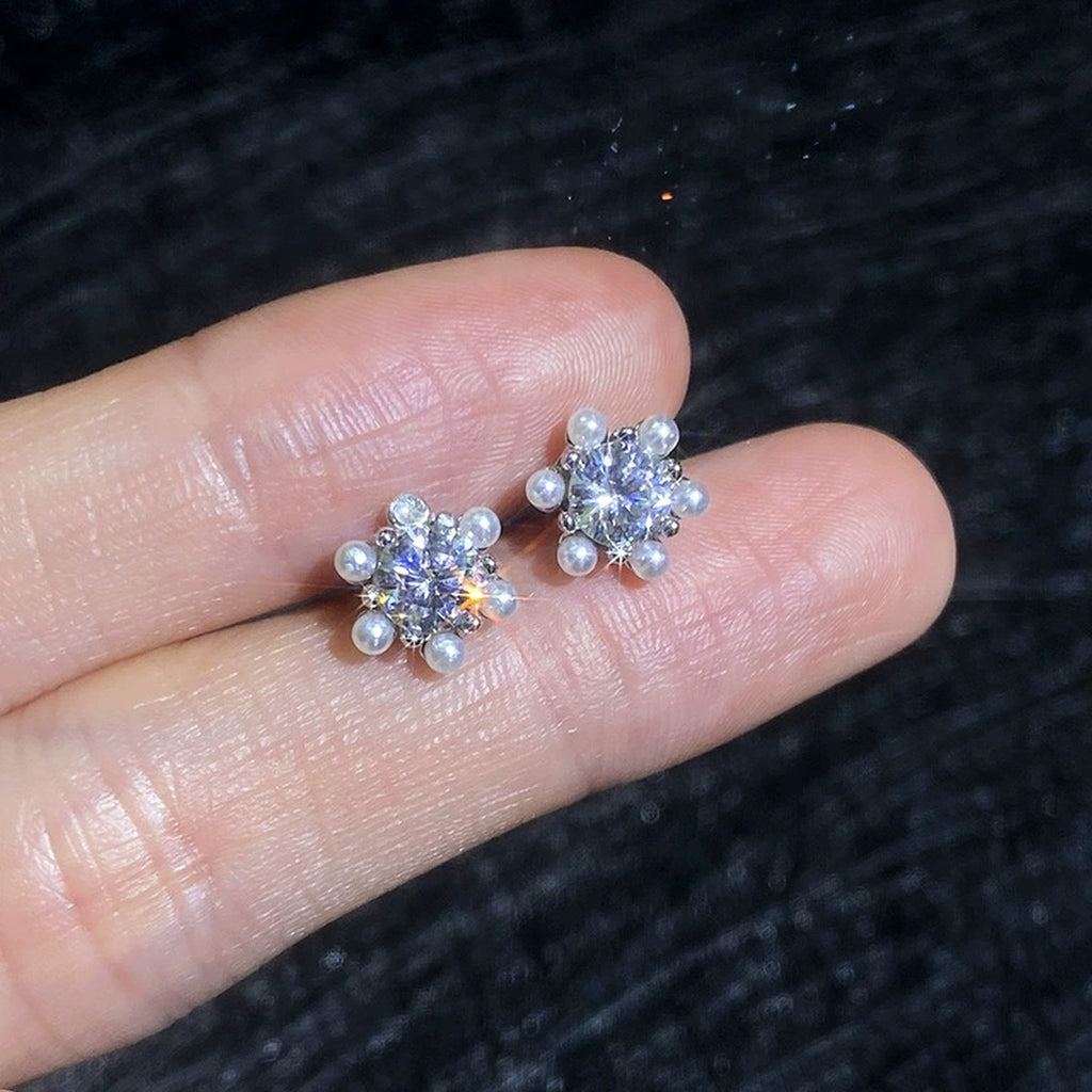 Pearl Flower Moissanite Stud Earrings with CZ in White Gold-Plated S925 Sterling Silver close-up product detail view
