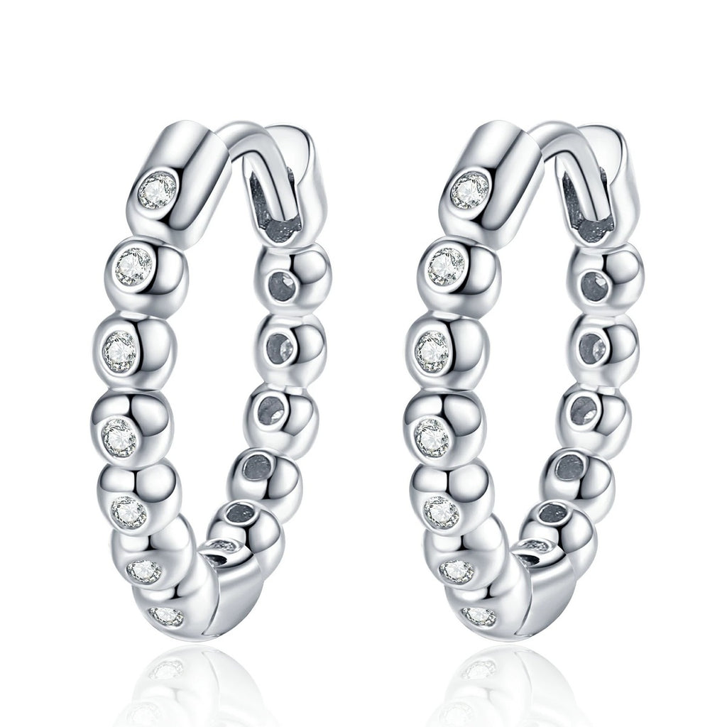 Beaded Moissanite Hoop Earrings in White Gold-Plated S925 Sterling Silver on clean white background showing a beaded hoop profile traced with small round moissanite stones