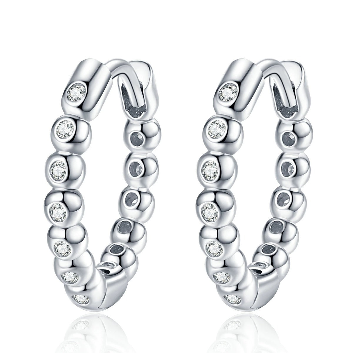 Beaded Moissanite Hoop Earrings in White Gold-Plated S925 Sterling Silver on clean white background showing a beaded hoop profile traced with small round moissanite stones