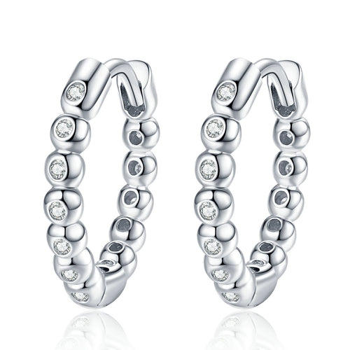 Beaded Moissanite Hoop Earrings in White Gold-Plated S925 Sterling Silver on clean white background showing a beaded hoop profile traced with small round moissanite stones
