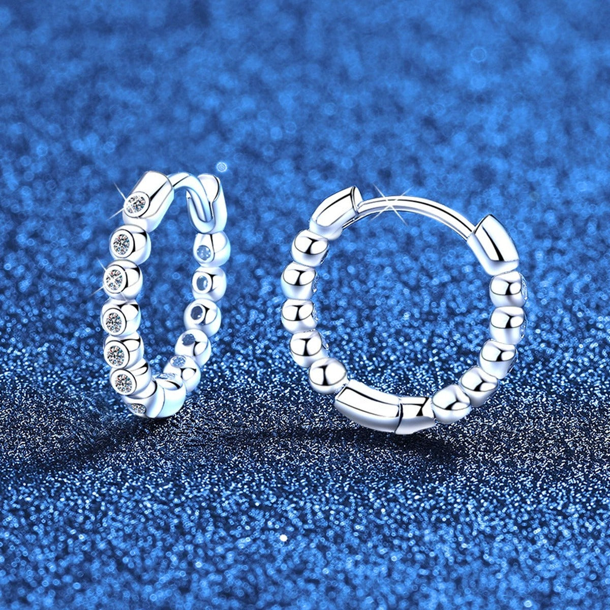 Beaded Moissanite Hoop Earrings in White Gold-Plated S925 Sterling Silver blue scene product view