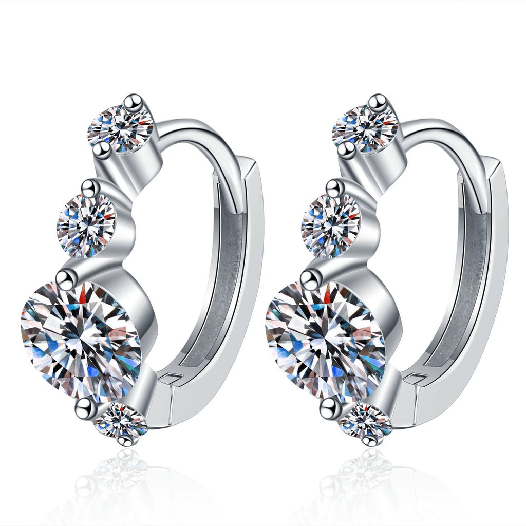 Graduated Moissanite Hoop Earrings in White Gold-Plated S925 Sterling Silver with CZ on clean white background showing a graduated three-stone hoop silhouette