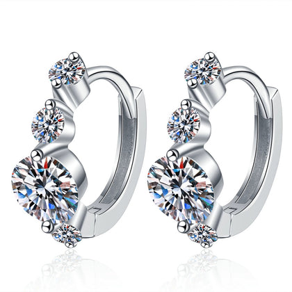 Graduated Moissanite Hoop Earrings in White Gold-Plated S925 Sterling Silver with CZ on clean white background showing a graduated three-stone hoop silhouette