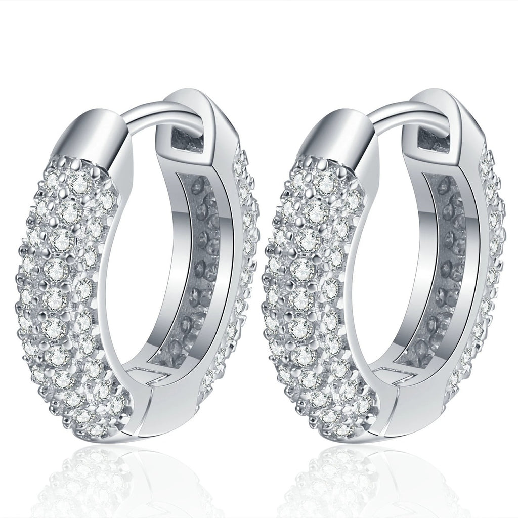 Pave Moissanite Huggie Hoop Earrings in White Gold-Plated S925 Sterling Silver on clean white background showing a compact huggie hoop covered in close-set moissanite sparkle