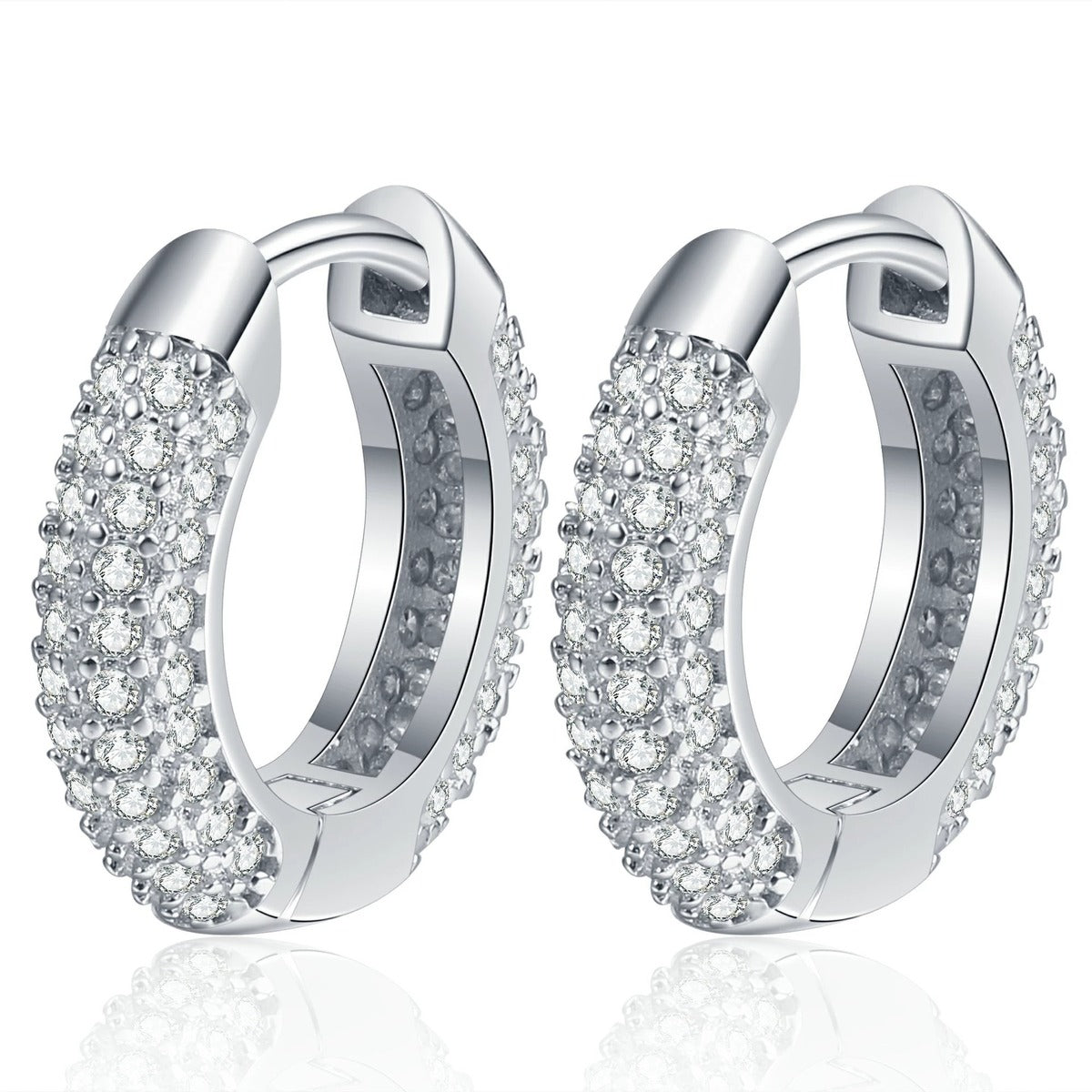 Pave Moissanite Huggie Hoop Earrings in White Gold-Plated S925 Sterling Silver on clean white background showing a compact huggie hoop covered in close-set moissanite sparkle