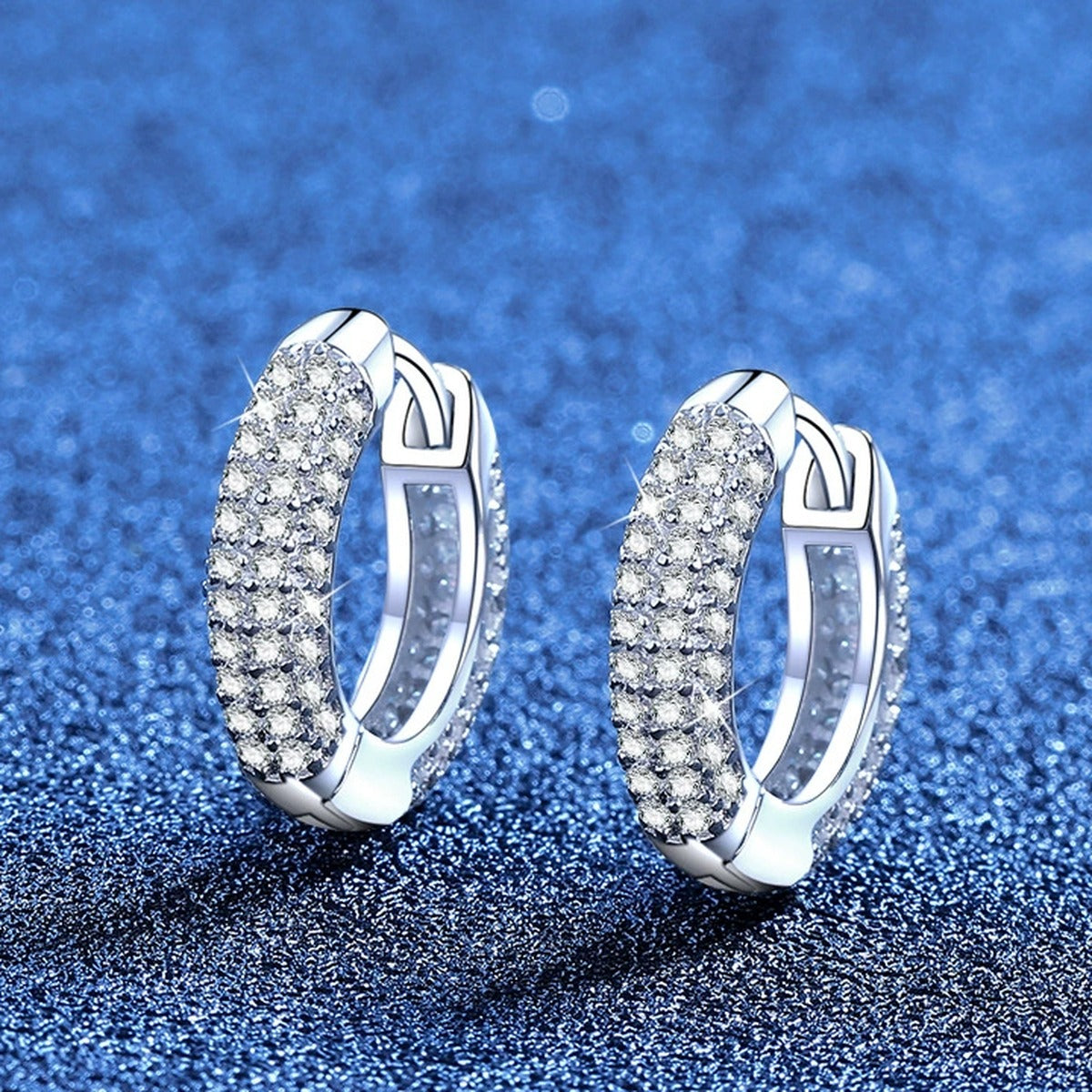 Pave Moissanite Huggie Hoop Earrings in White Gold-Plated S925 Sterling Silver blue scene product view