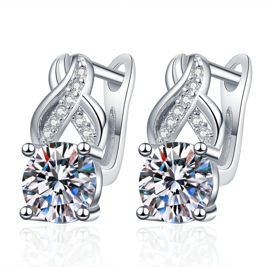 Round Moissanite Huggie Hoop Earrings with CZ in White Gold-Plated S925 Sterling Silver on clean white background showing a huggie hoop with a round moissanite center and CZ-set curve