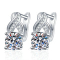Round Moissanite Huggie Hoop Earrings with CZ in White Gold-Plated S925 Sterling Silver on clean white background showing a huggie hoop with a round moissanite center and CZ-set curve