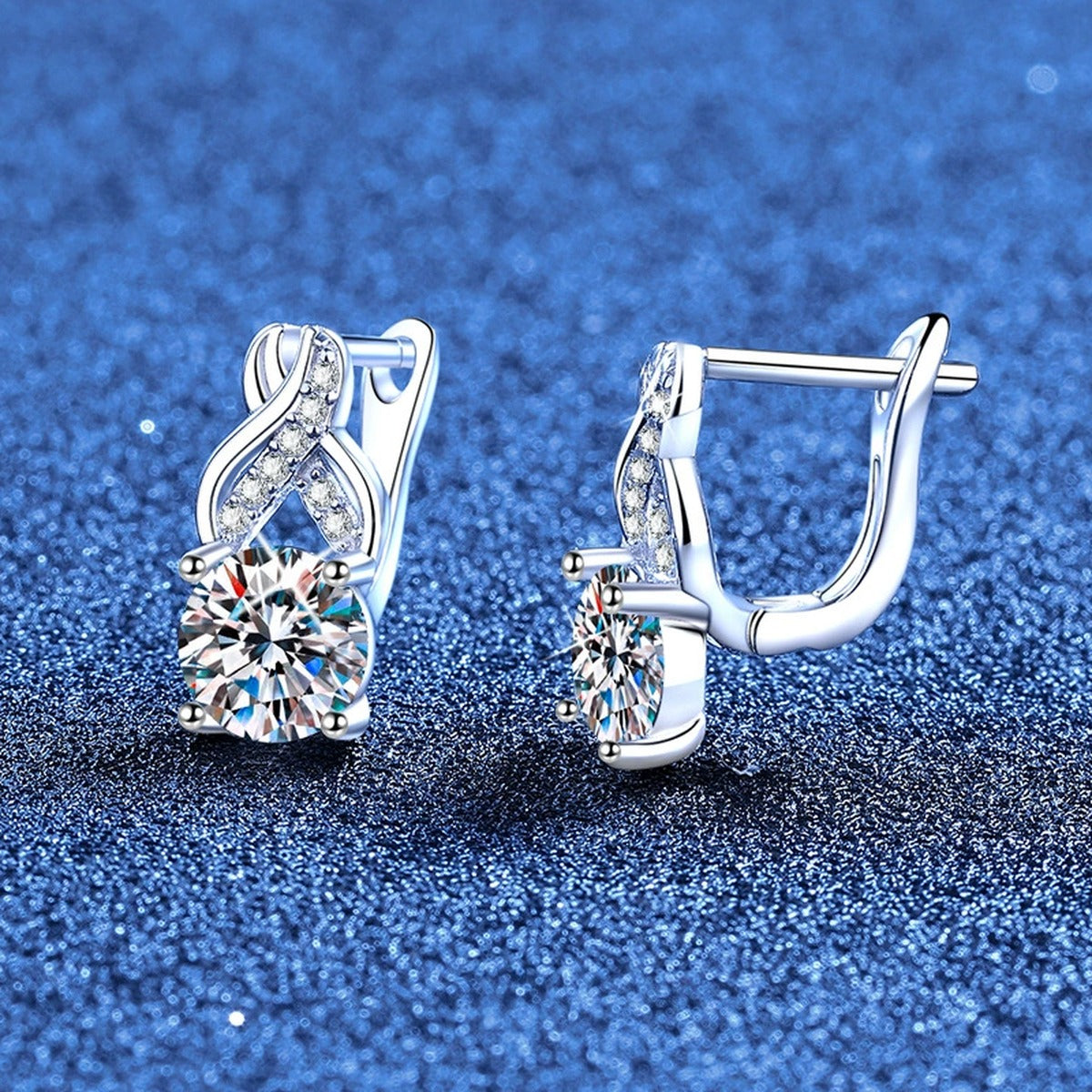 Round Moissanite Huggie Hoop Earrings with CZ in White Gold-Plated S925 Sterling Silver blue scene product view