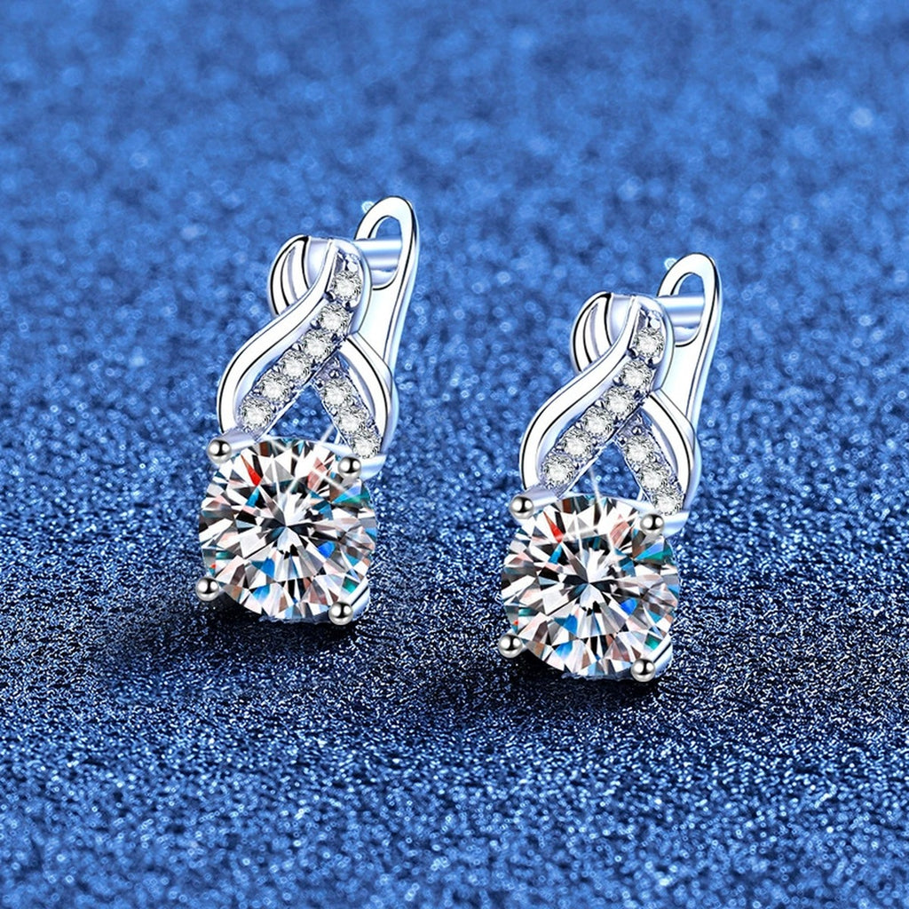 Round Moissanite Huggie Hoop Earrings with CZ in White Gold-Plated S925 Sterling Silver blue scene angled view