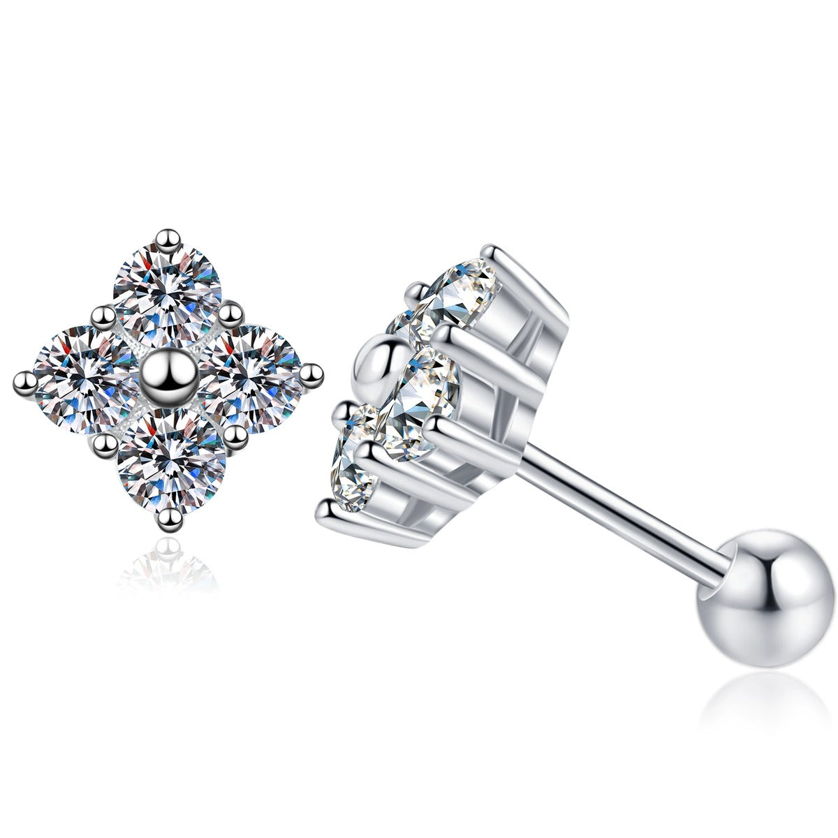 Cushion Moissanite Stud Earrings in Gold-Plated S925 Sterling Silver on clean white background showing a cushion-like moissanite stud offered in white and yellow gold finishes