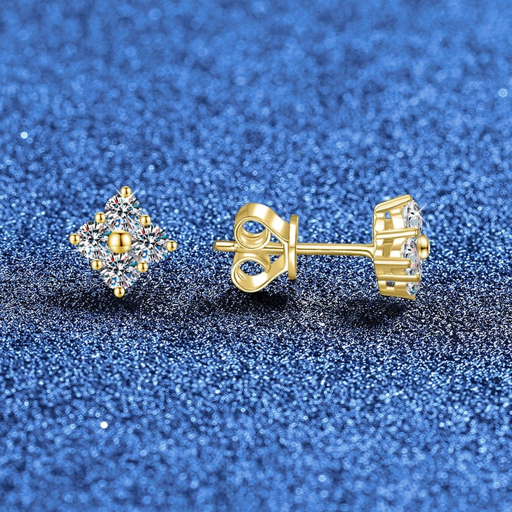 Cushion Moissanite Stud Earrings in Gold-Plated S925 Sterling Silver blue scene angled view