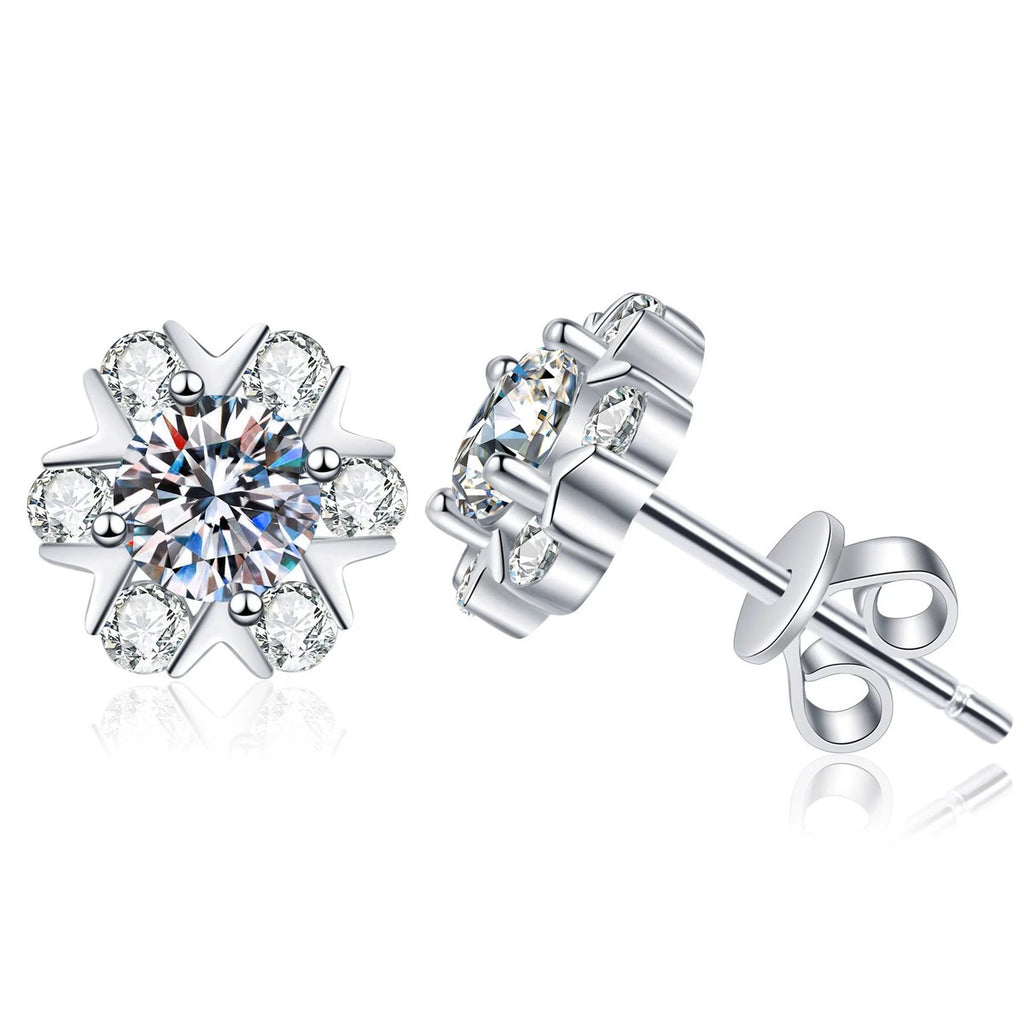 Snowflake Moissanite Stud Earrings with CZ in White Gold-Plated S925 Sterling Silver on clean white background showing a snowflake-inspired stud with a round moissanite center