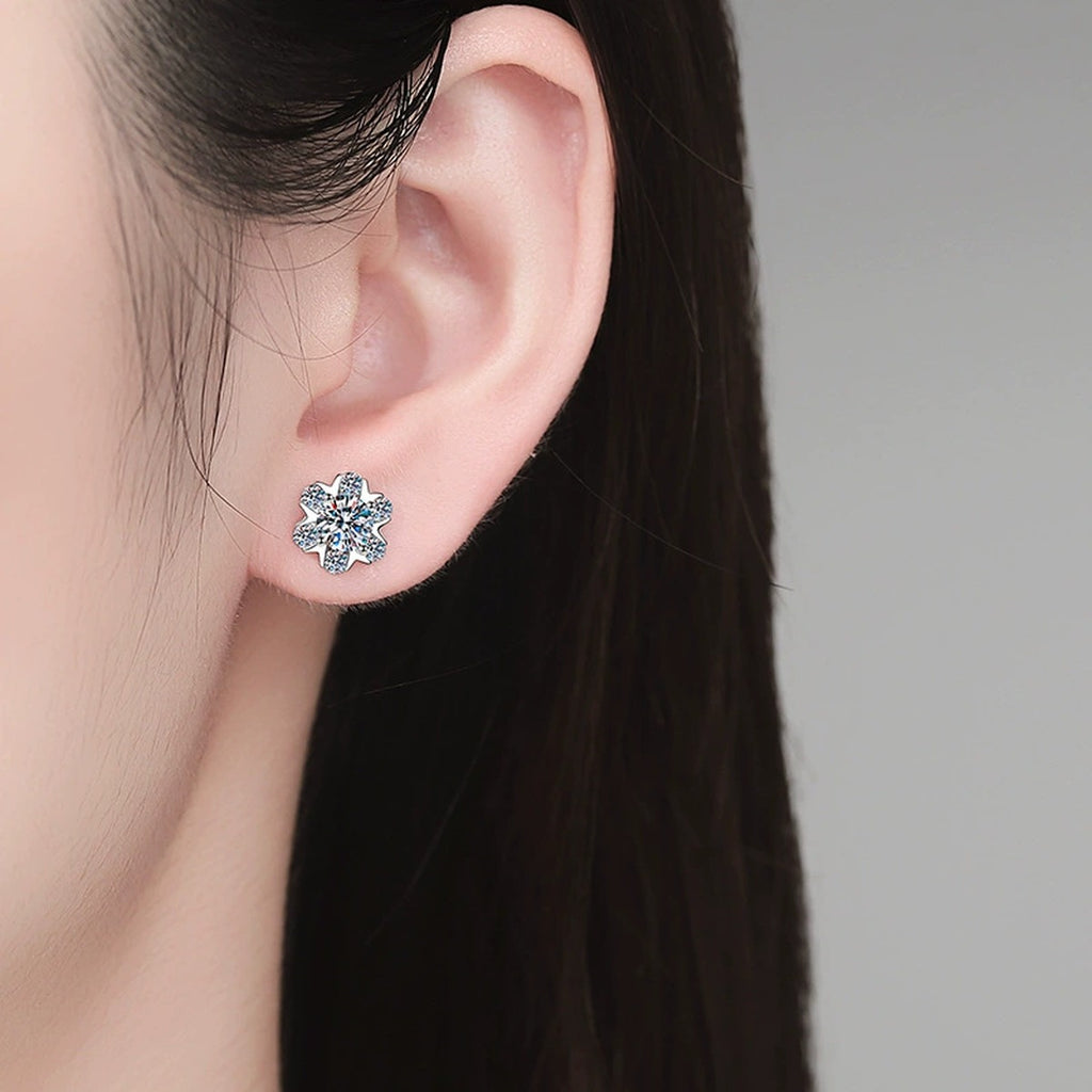 Snowflake Moissanite Stud Earrings with CZ in White Gold-Plated S925 Sterling Silver worn on ear by model