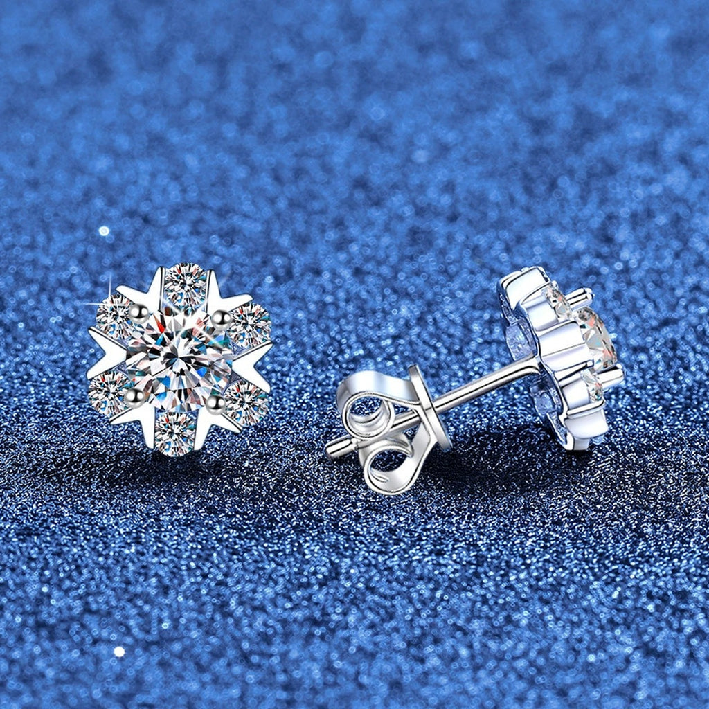 Snowflake Moissanite Stud Earrings with CZ in White Gold-Plated S925 Sterling Silver blue scene product view