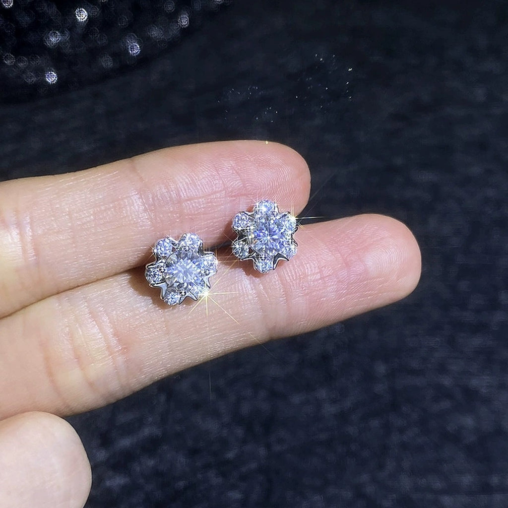 Snowflake Moissanite Stud Earrings with CZ in White Gold-Plated S925 Sterling Silver close-up product detail view