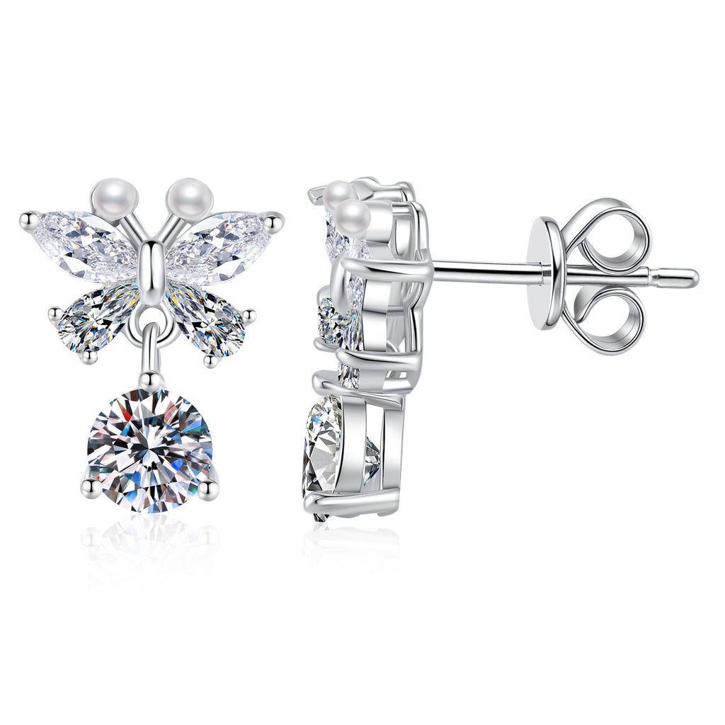 Butterfly Moissanite Stud Drop Earrings with CZ in White Gold-Plated S925 Sterling Silver on clean white background showing front and side product views