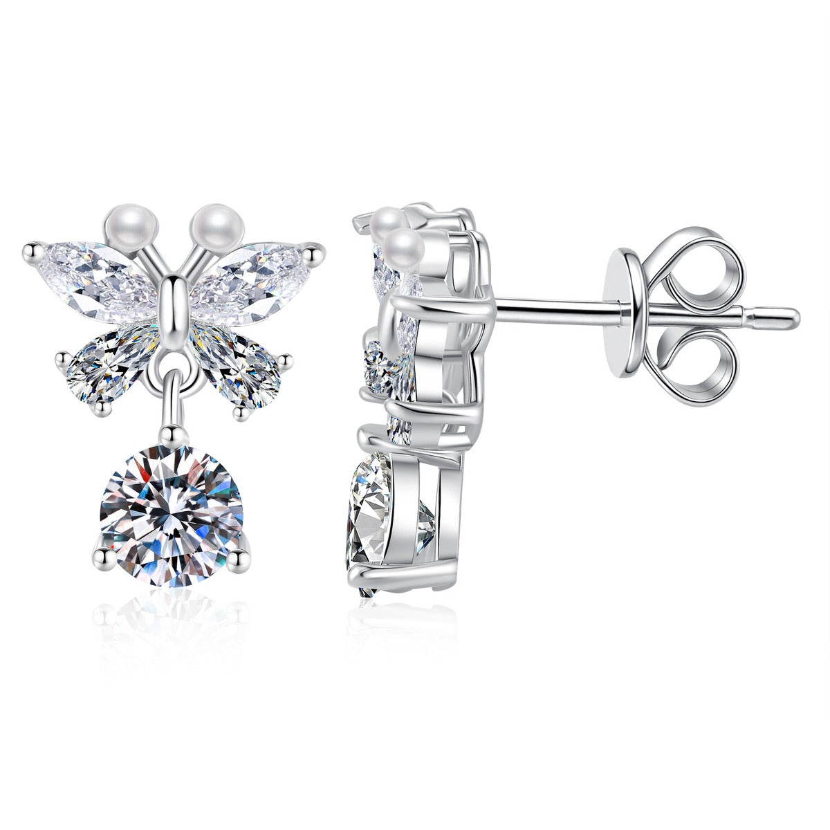 Butterfly Moissanite Stud Drop Earrings with CZ in White Gold-Plated S925 Sterling Silver on clean white background showing front and side product views