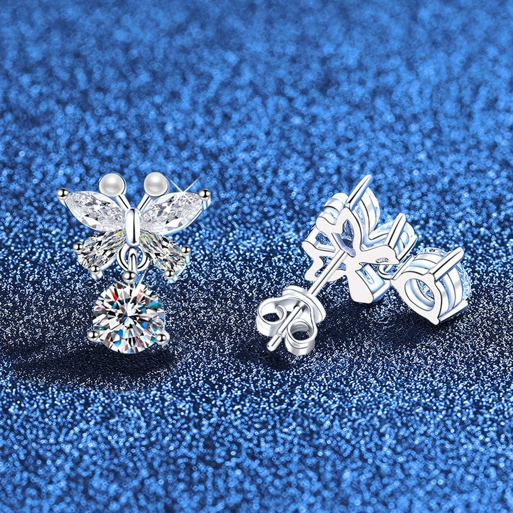 Butterfly Moissanite Stud Drop Earrings with CZ in White Gold-Plated S925 Sterling Silver blue background product view showing front and back details