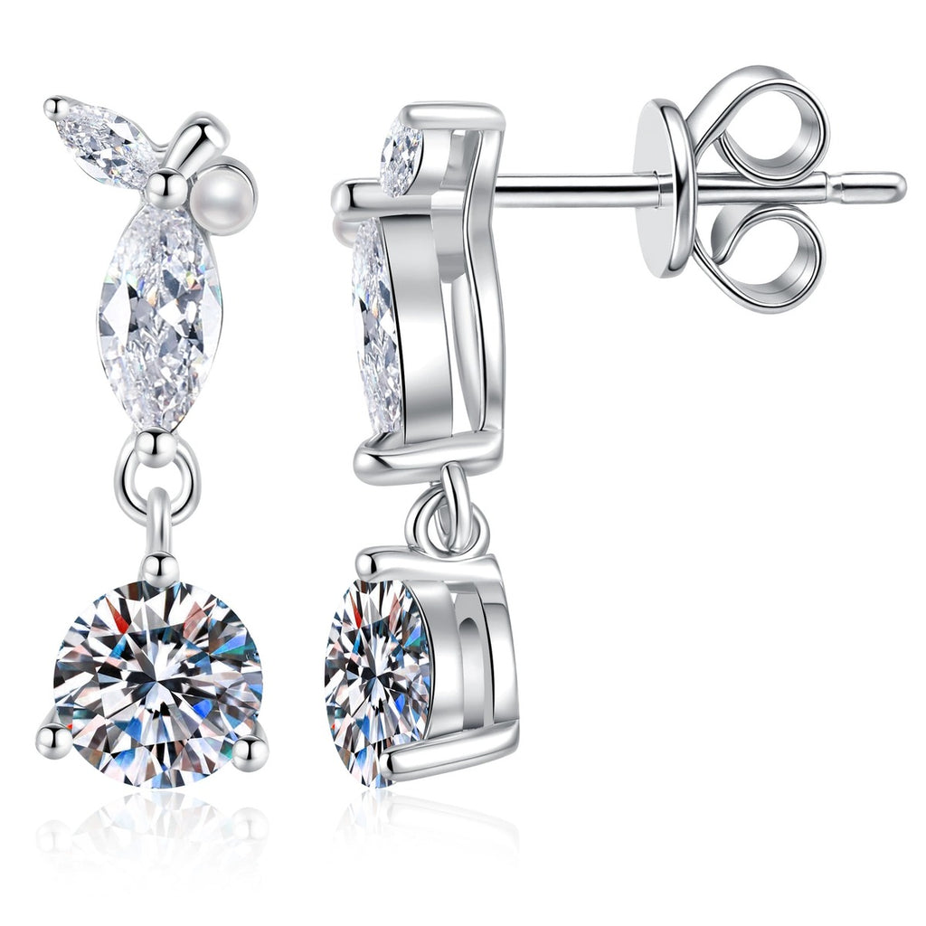 Leaf Moissanite Drop Earrings with CZ in White Gold-Plated S925 Sterling Silver on clean white background showing a slim leaf-like drop stud with a round moissanite top