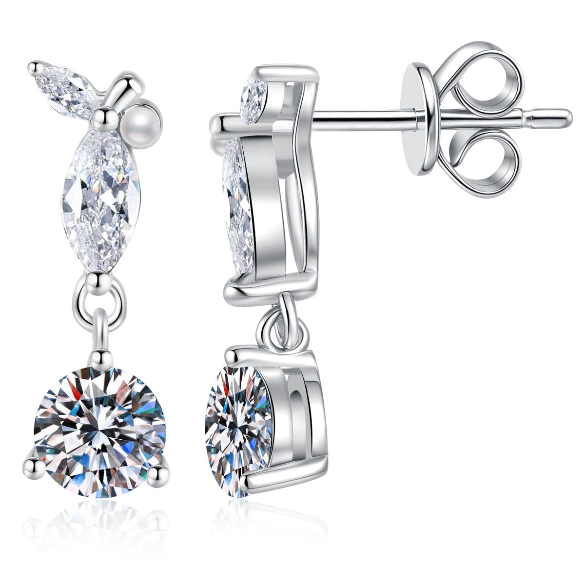 Leaf Moissanite Drop Earrings with CZ in White Gold-Plated S925 Sterling Silver on clean white background showing a slim leaf-like drop stud with a round moissanite top