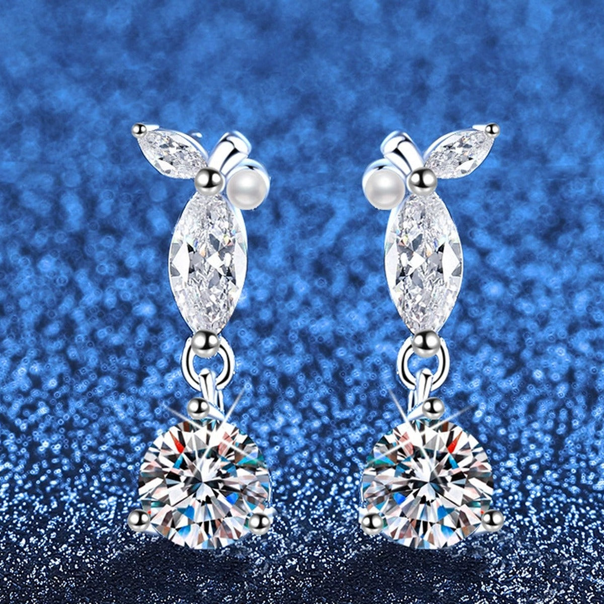 Leaf Moissanite Drop Earrings with CZ in White Gold-Plated S925 Sterling Silver blue scene product view