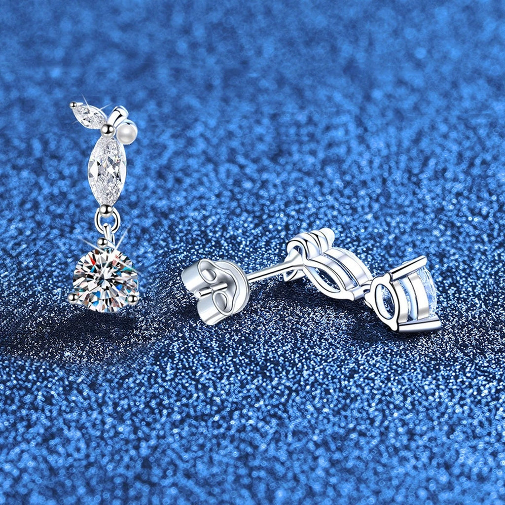 Leaf Moissanite Drop Earrings with CZ in White Gold-Plated S925 Sterling Silver blue scene angled view