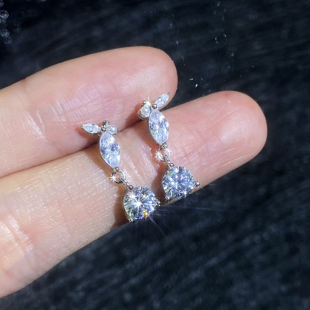 Leaf Moissanite Drop Earrings with CZ in White Gold-Plated S925 Sterling Silver close-up product detail view