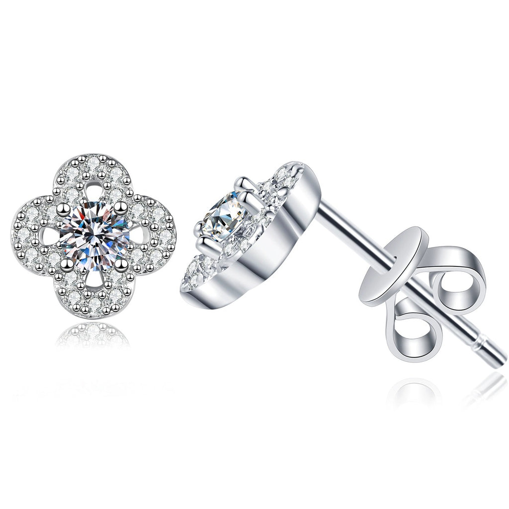 Clover Moissanite Stud Earrings with CZ in White Gold-Plated S925 Sterling Silver on clean white background showing a clover-shaped stud centered with a small round moissanite