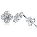 Clover Moissanite Stud Earrings with CZ in White Gold-Plated S925 Sterling Silver on clean white background showing a clover-shaped stud centered with a small round moissanite
