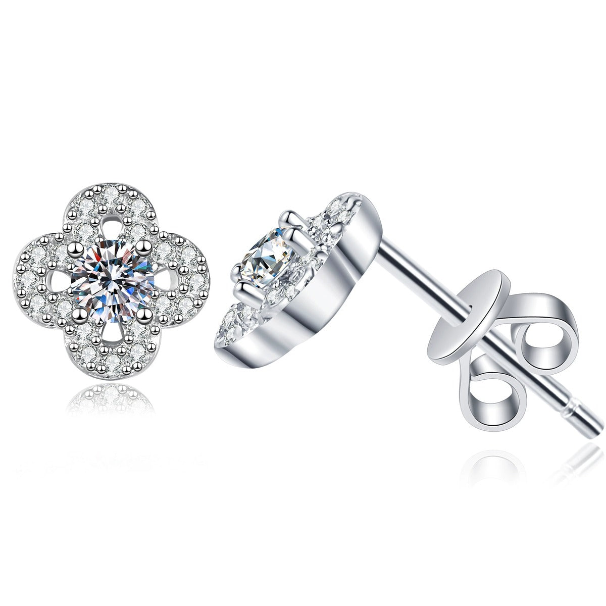Clover Moissanite Stud Earrings with CZ in White Gold-Plated S925 Sterling Silver on clean white background showing a clover-shaped stud centered with a small round moissanite