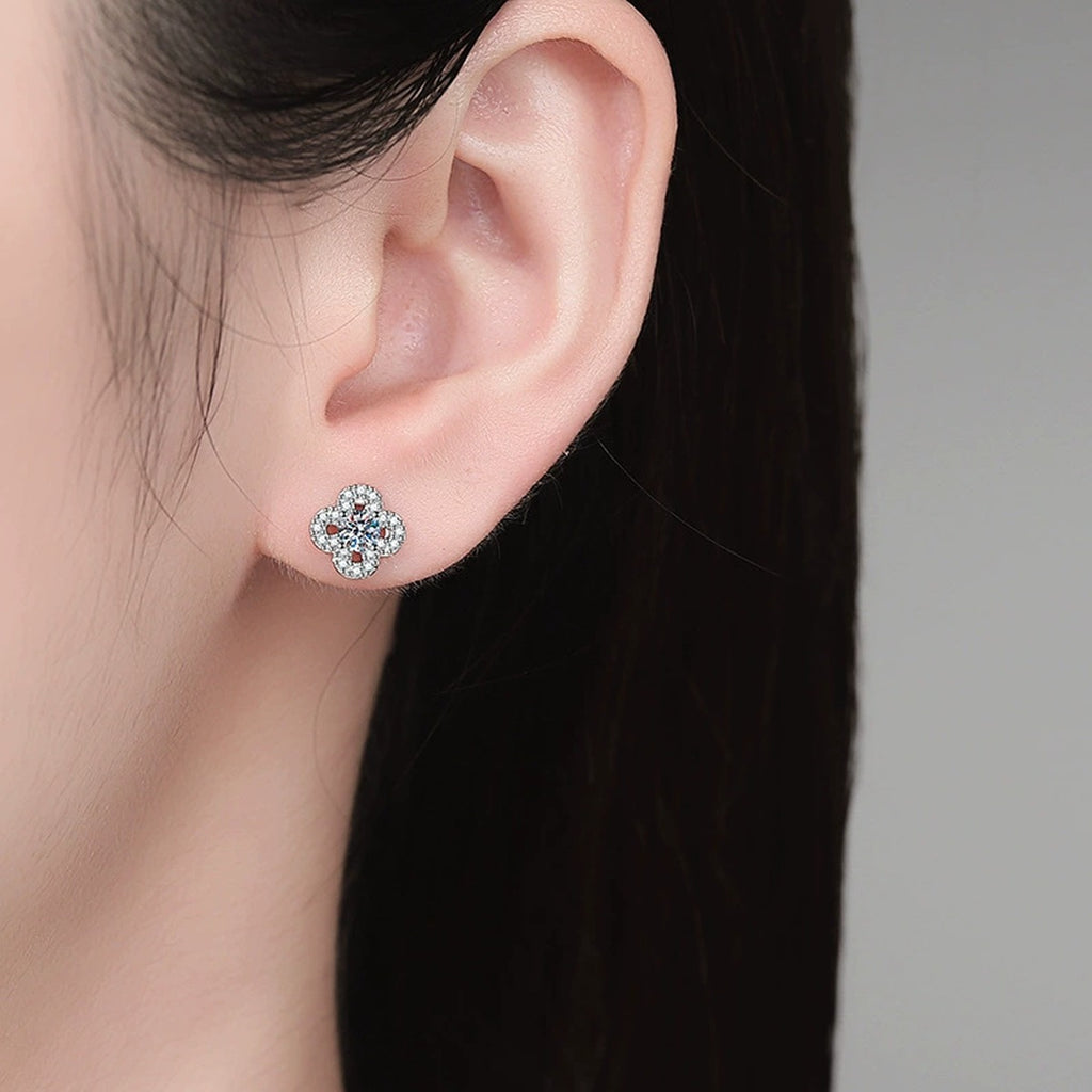 Clover Moissanite Stud Earrings with CZ in White Gold-Plated S925 Sterling Silver worn on ear by model