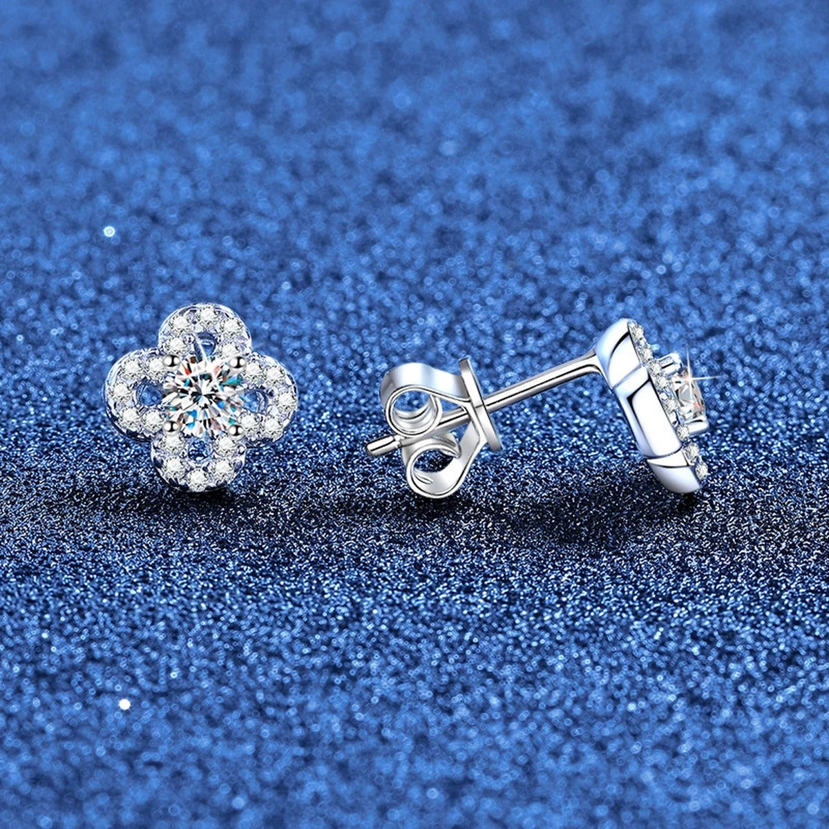 Clover Moissanite Stud Earrings with CZ in White Gold-Plated S925 Sterling Silver blue scene product view