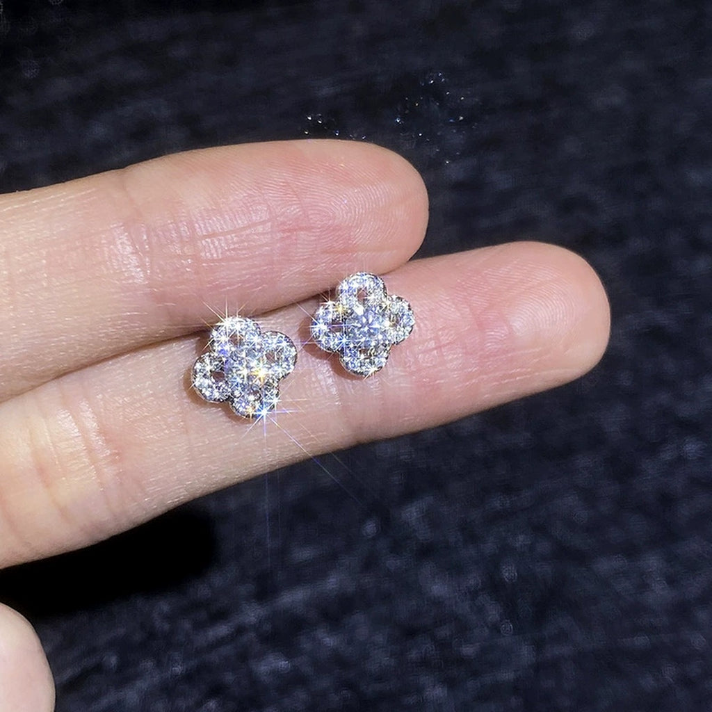 Clover Moissanite Stud Earrings with CZ in White Gold-Plated S925 Sterling Silver close-up product detail view