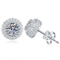 Round Halo Moissanite Stud Earrings with CZ in White Gold-Plated S925 Sterling Silver on clean white background showing a round halo stud with a raised moissanite center and CZ frame