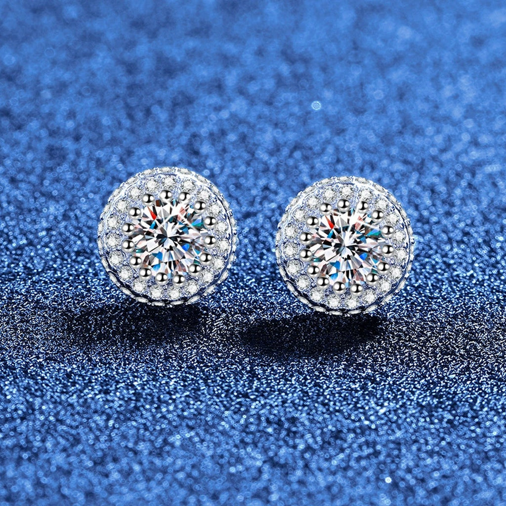 Round Halo Moissanite Stud Earrings with CZ in White Gold-Plated S925 Sterling Silver blue scene product view